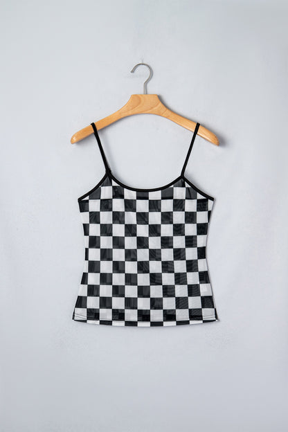 Checker Sheer Mesh Spaghetti Strap Tank Top